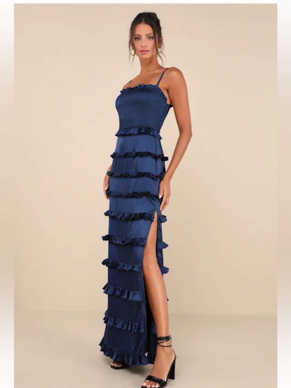NWT Lulus Sincerely Fabulous Navy Blue Satin Smocked Ruffled Maxi Dress - Picture 4 of 7